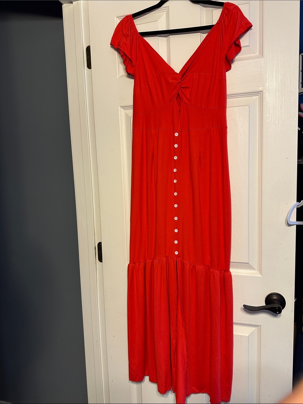 SHEIN Red Button-Front Maxi Dress with Flutter Sleeves